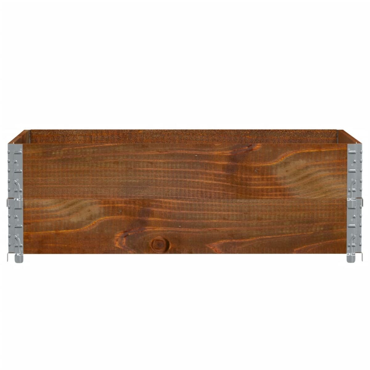Una scatola rettangolare in legno con staffe metalliche sui lati.