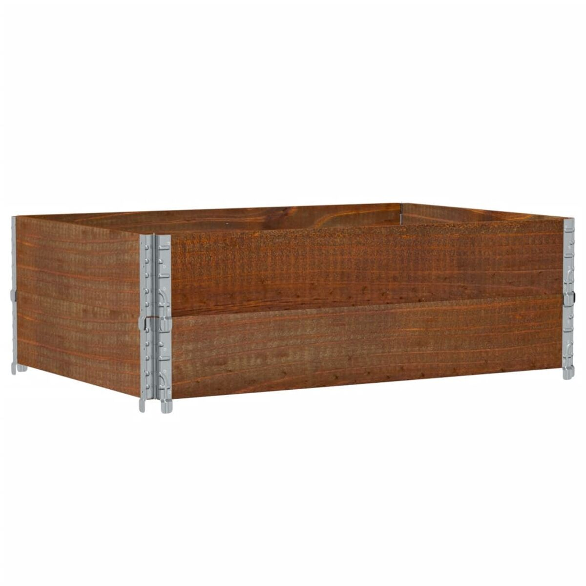 Fioriera in legno marrone con staffe metalliche. Vuota.