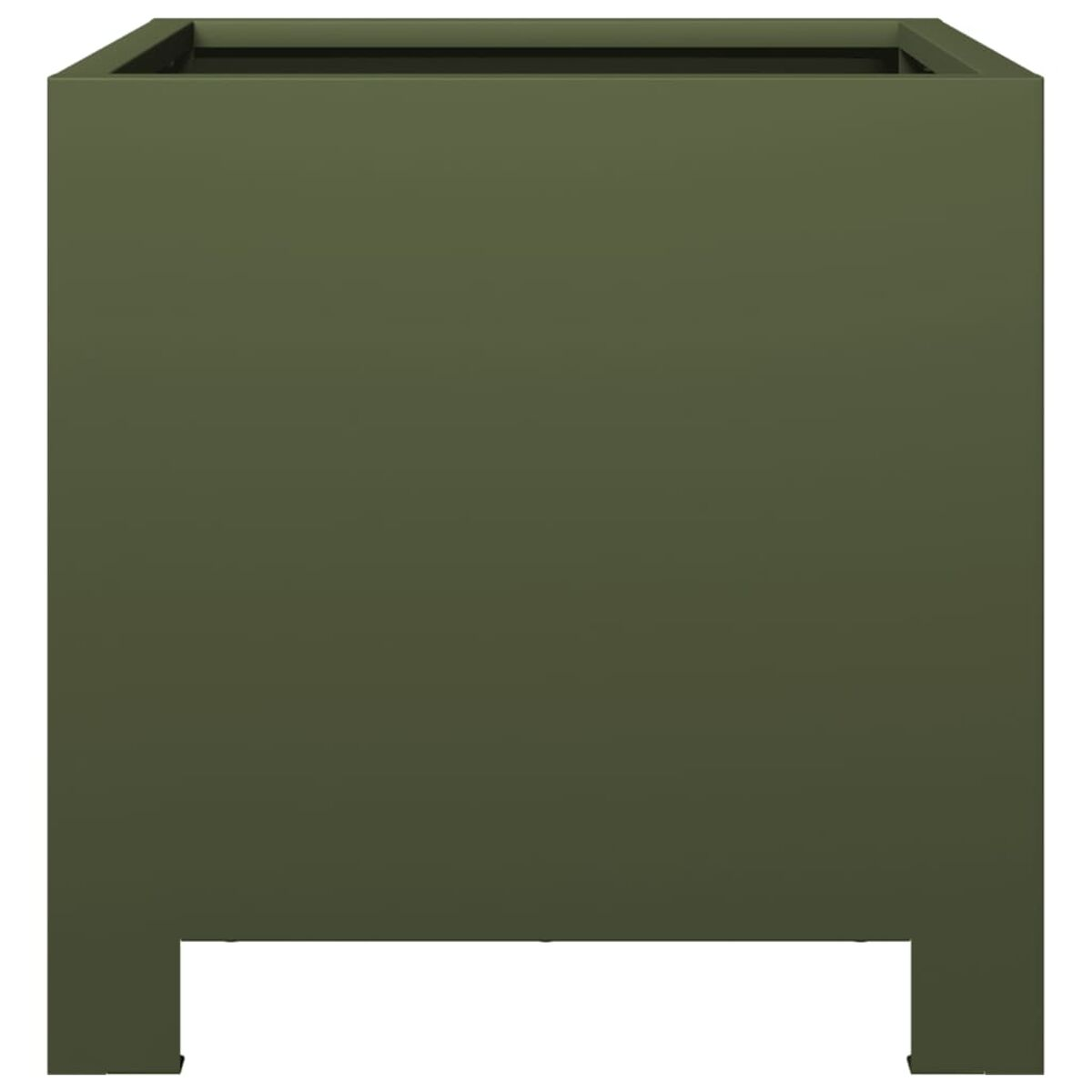 Una fioriera quadrata verde scuro con gambe.