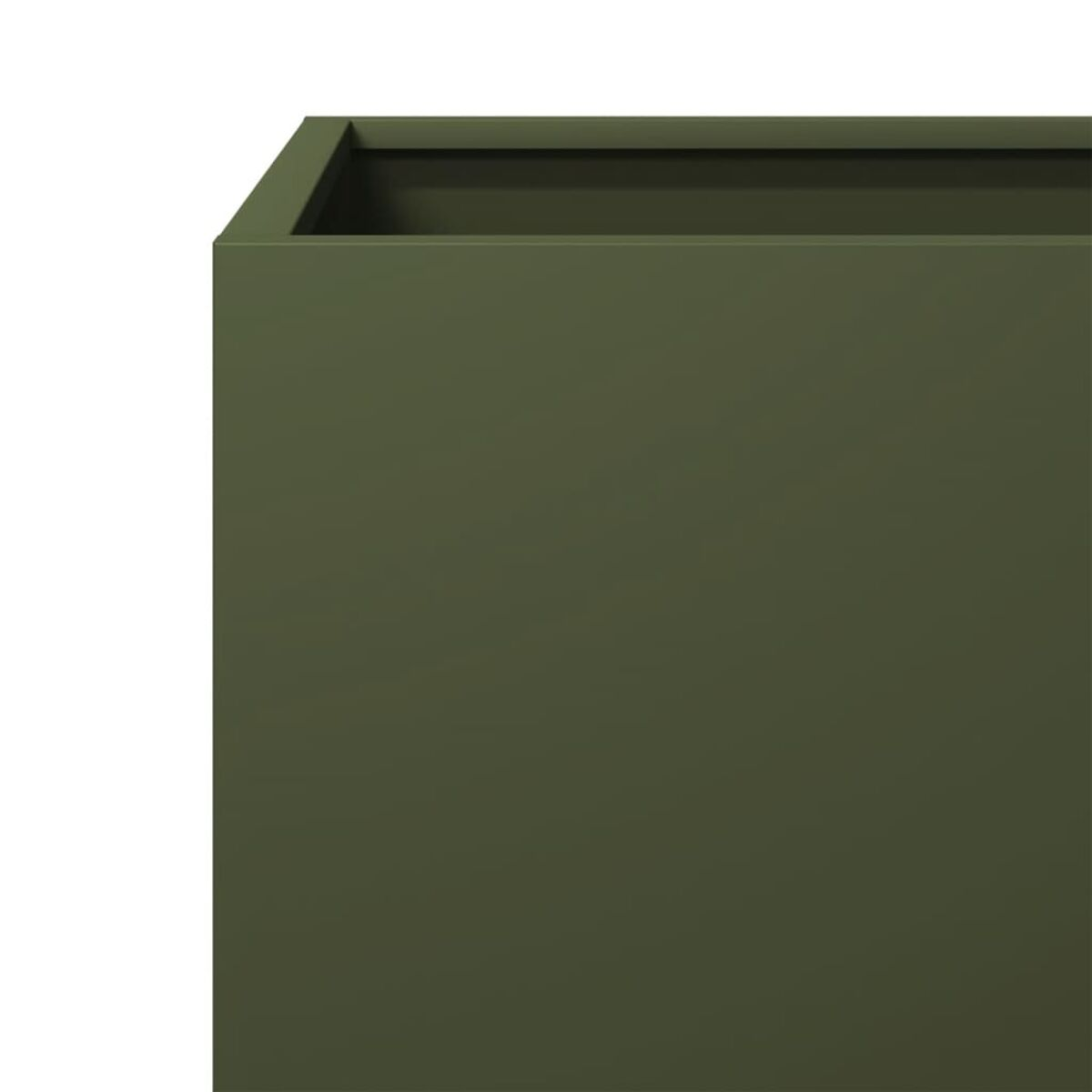 Primo piano di una fioriera quadrata verde oliva, che mostra il lato.
