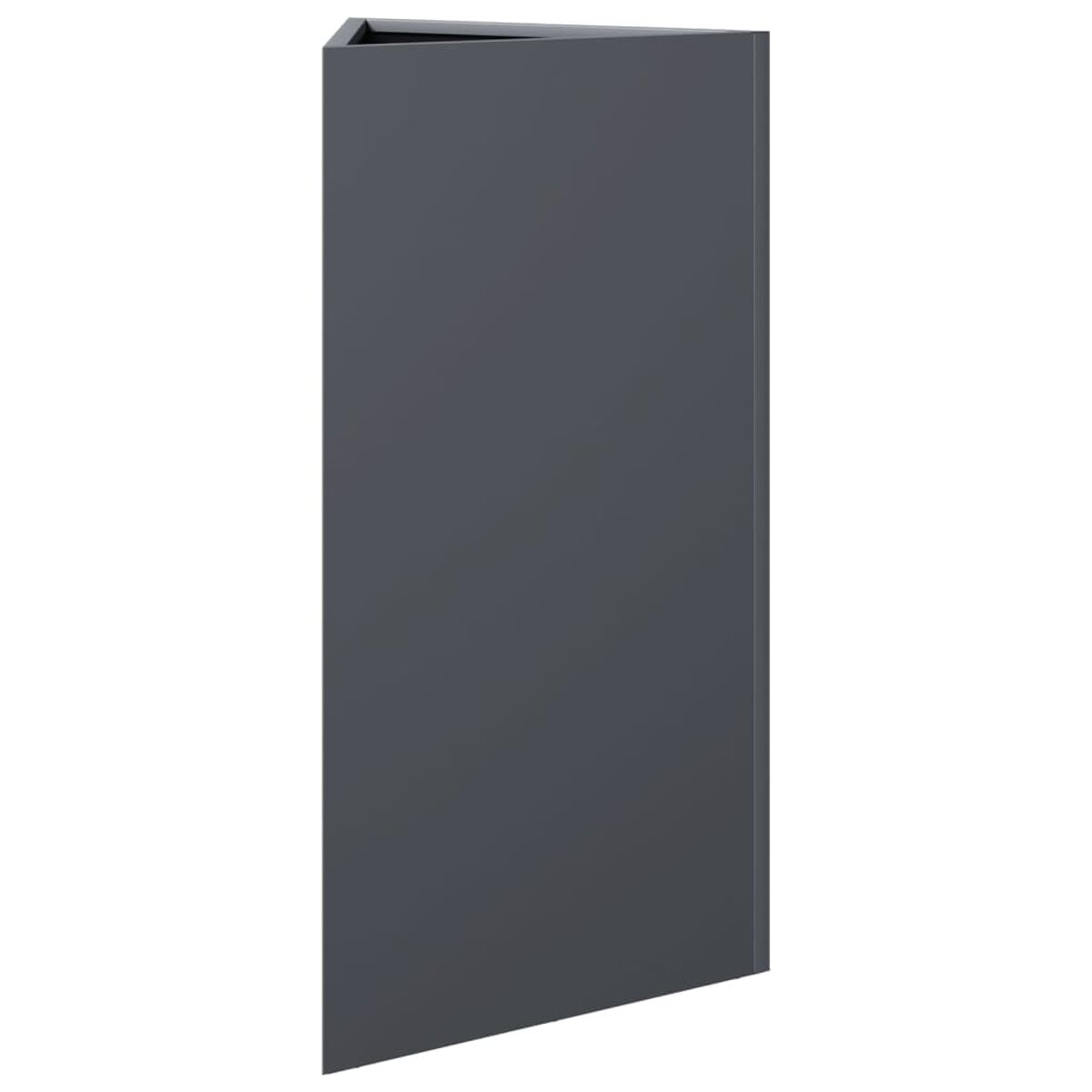 Ein dunkelgrauer, hoher, dreieckiger Pflanzkübel vor weißem Hintergrund. Es hat ein schlichtes, modernes Design.