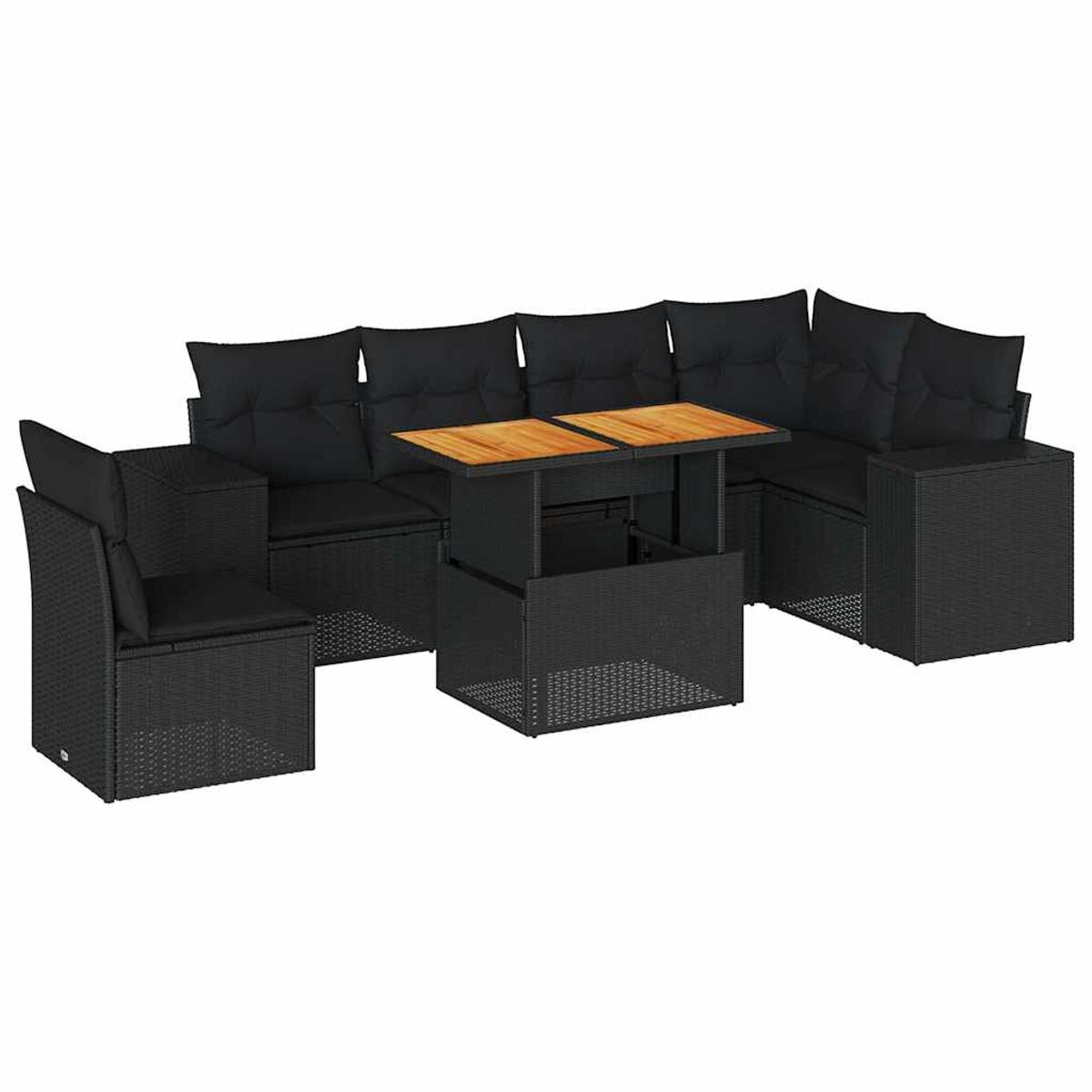 Divano angolare in rattan nero con cuscini neri e tavolo in legno. Sedia inclusa.