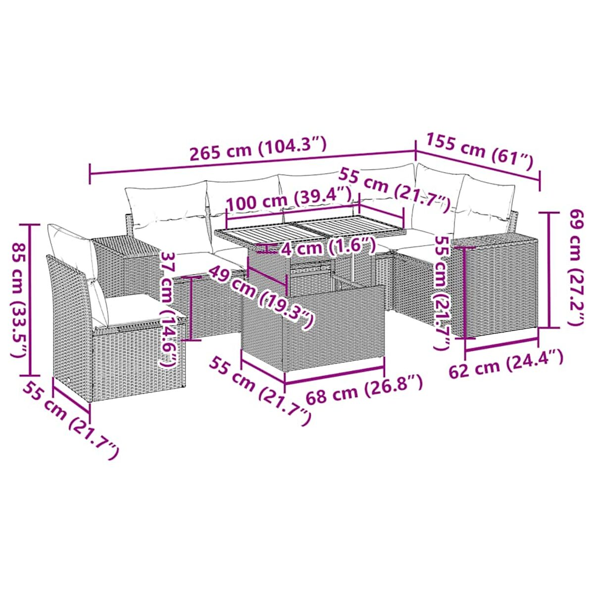 Set di mobili da esterno, dimensioni indicate. Include divano, tavolo e sedie.