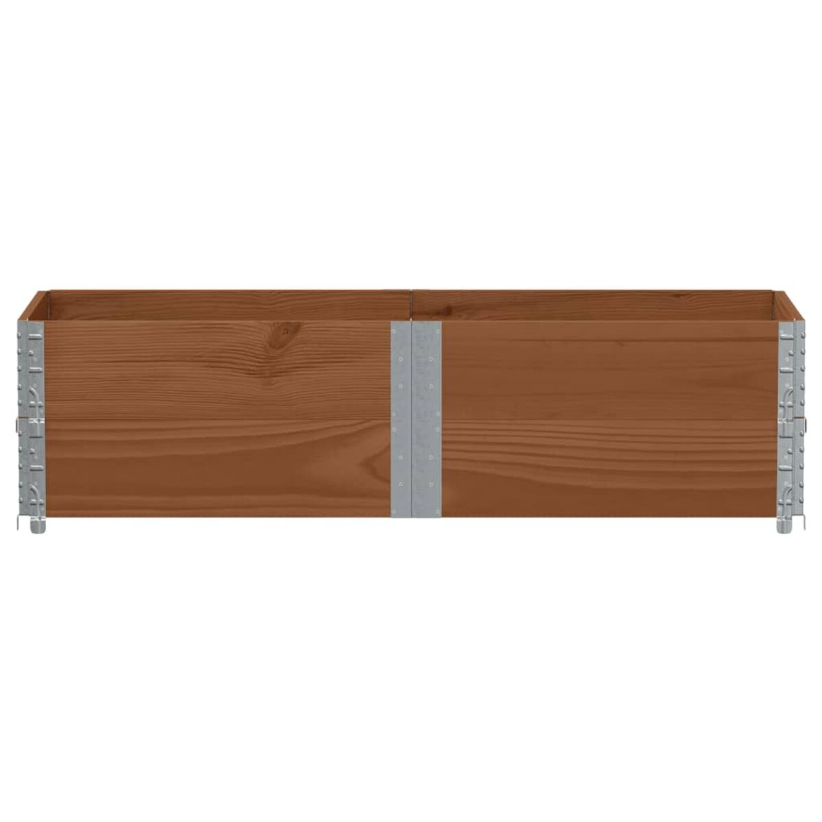Fioriera in legno marrone. Staffe metalliche visibili. Sfondo bianco.
