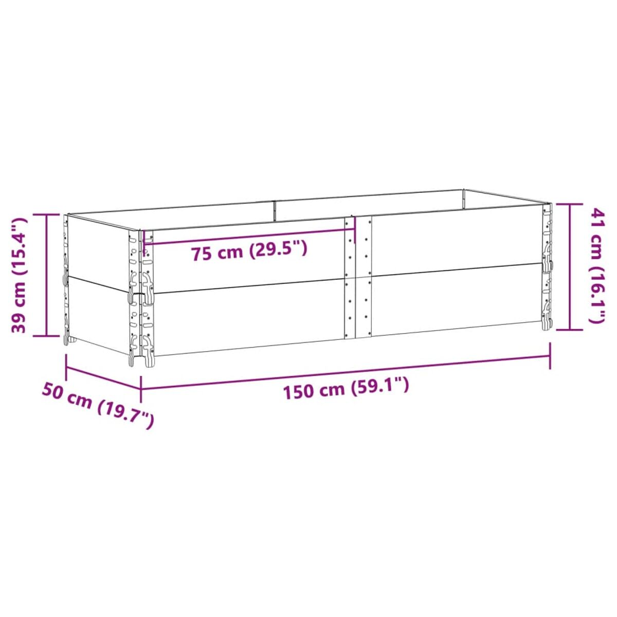 Fioriera rettangolare in legno con dimensioni visualizzate, con angoli e fissaggi in metallo.