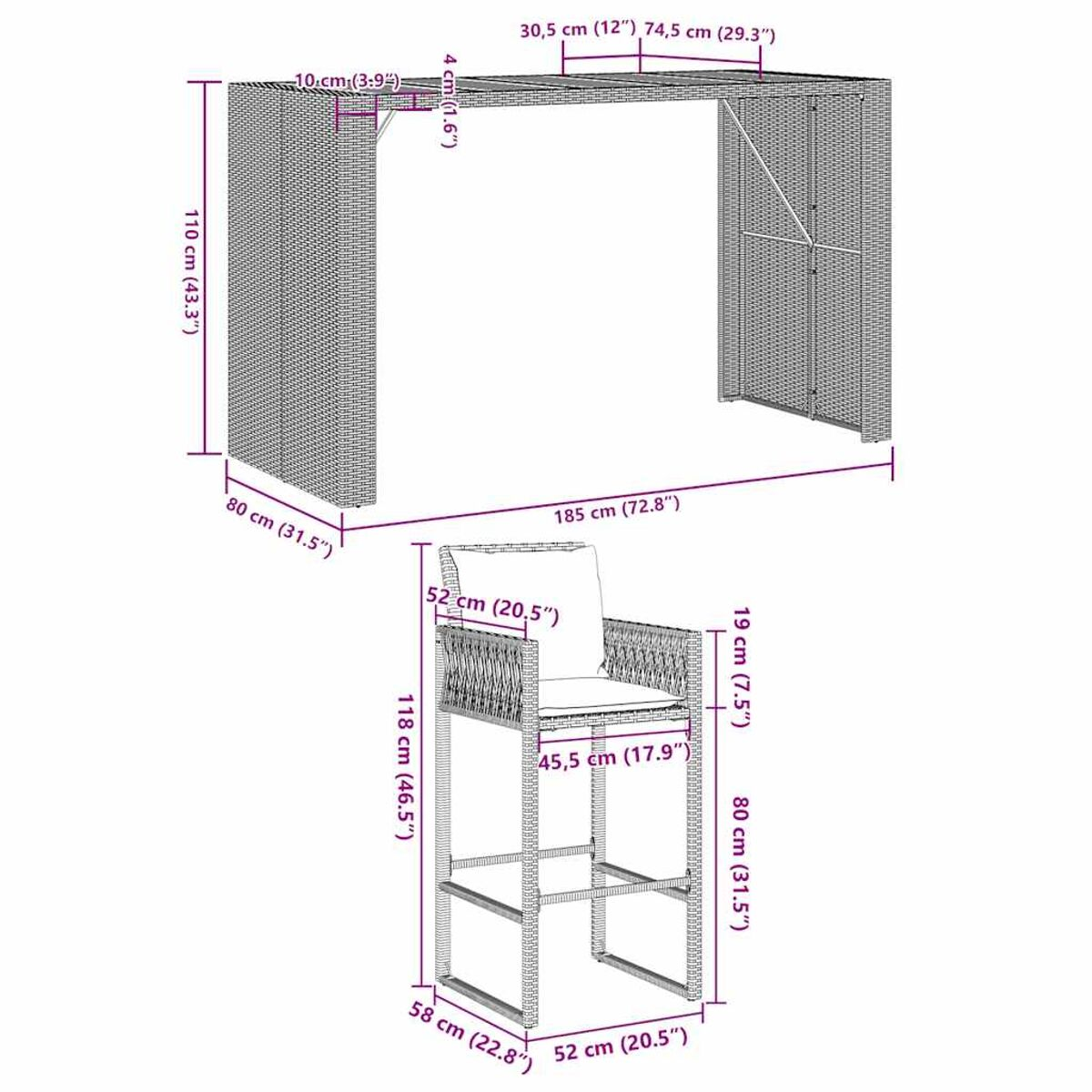 Rattan-Bar-Set mit Abmessungen, weißer Hintergrund.