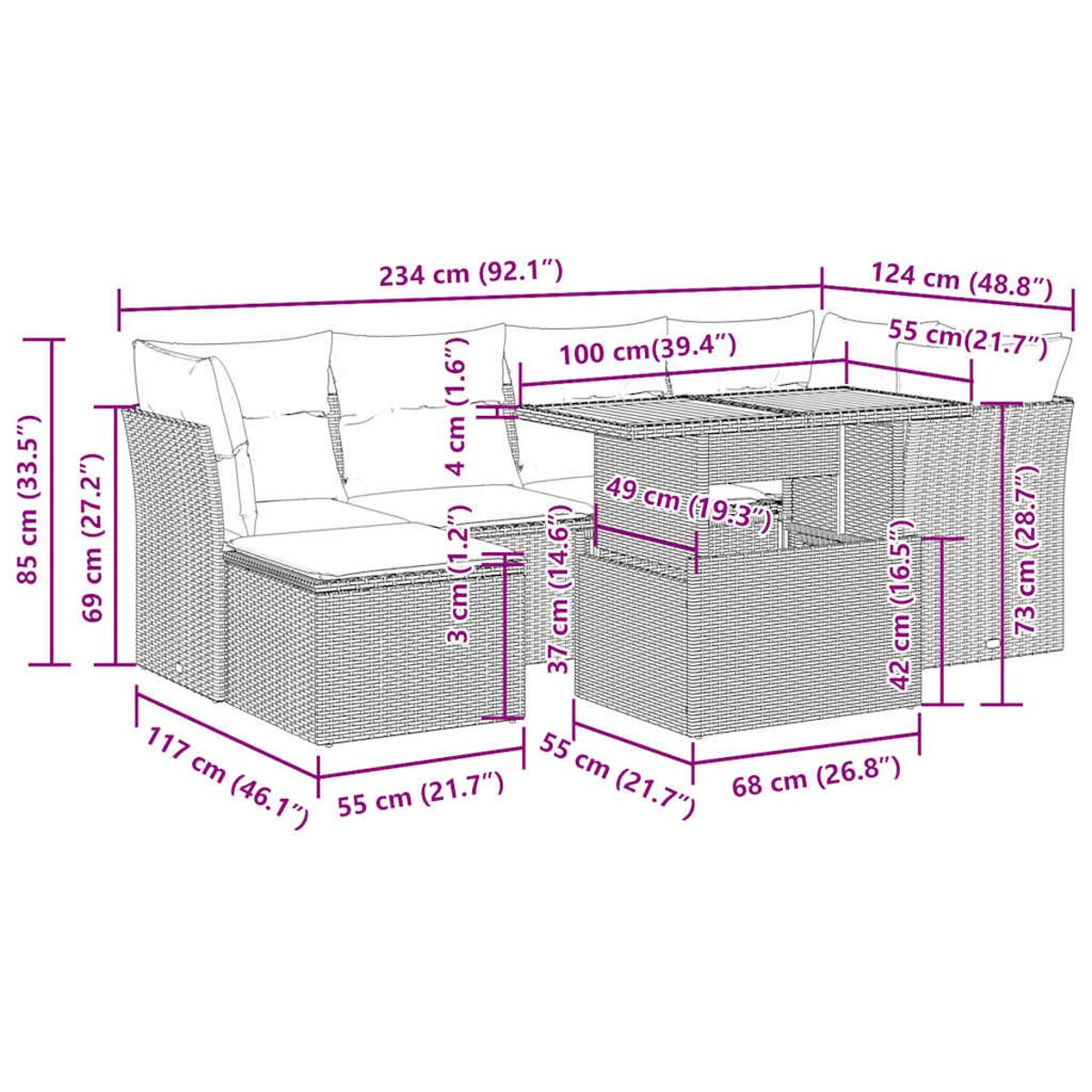 Diagramma di un divano componibile grigio da esterno, comprese le dimensioni per ogni sezione.