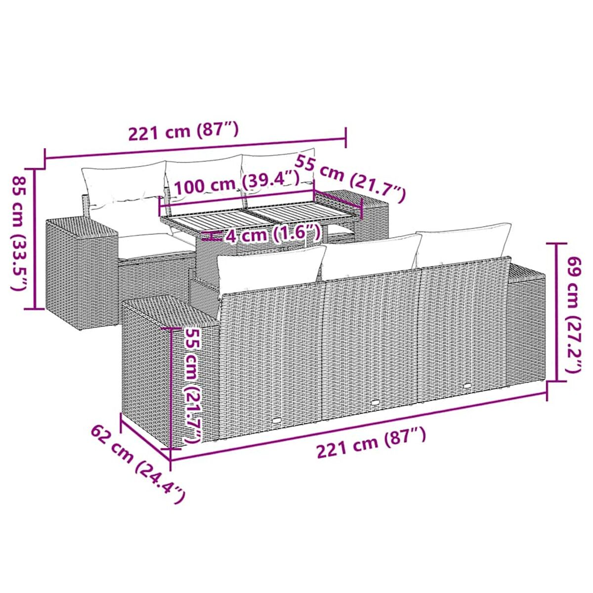 Diagramm eines Ecksofa-Sets aus Rattan mit Abmessungen.