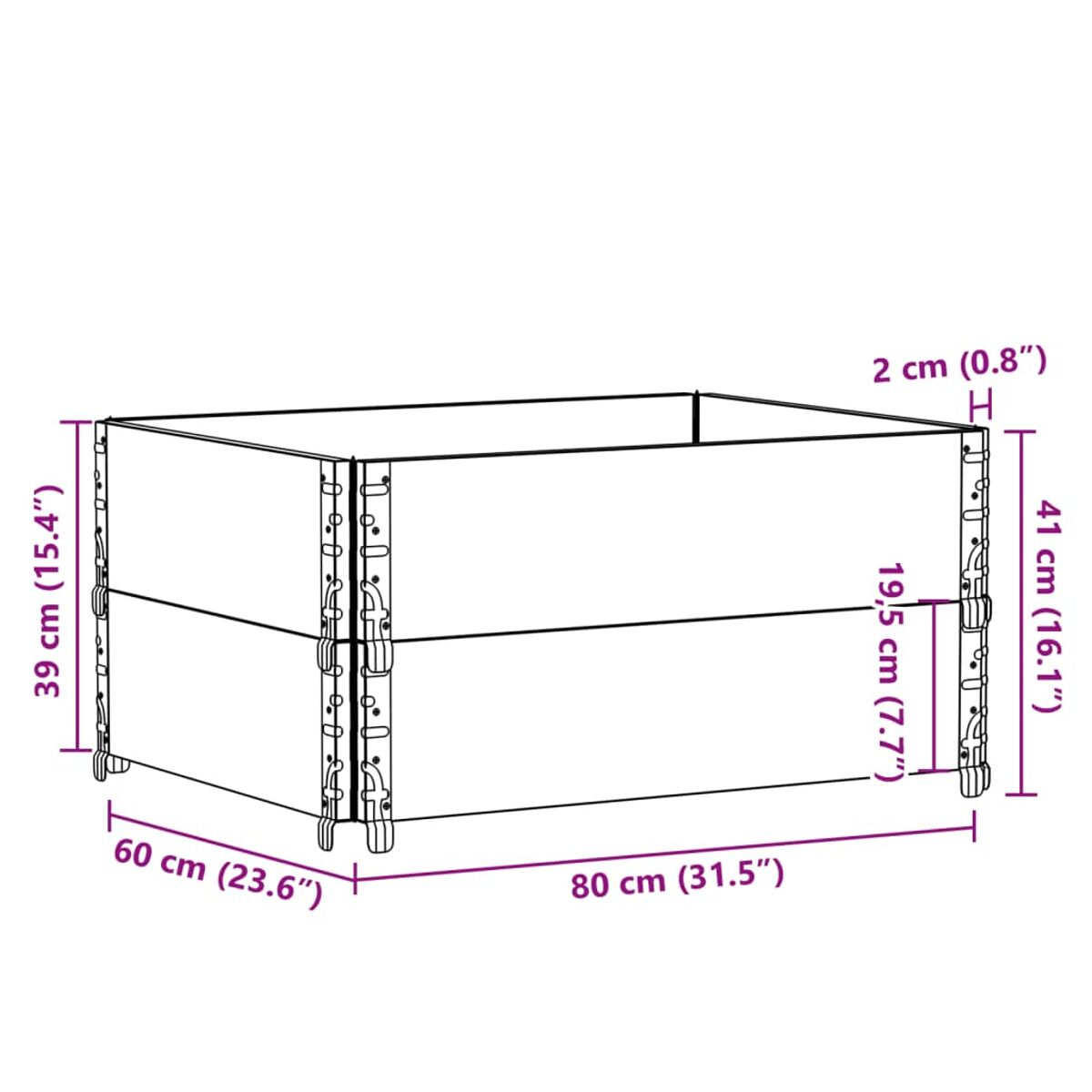 Rechteckiger Holzpflanzer mit in cm angegebenen Abmessungen. Der Pflanzer hat ein einfaches, kastenförmiges Design.
