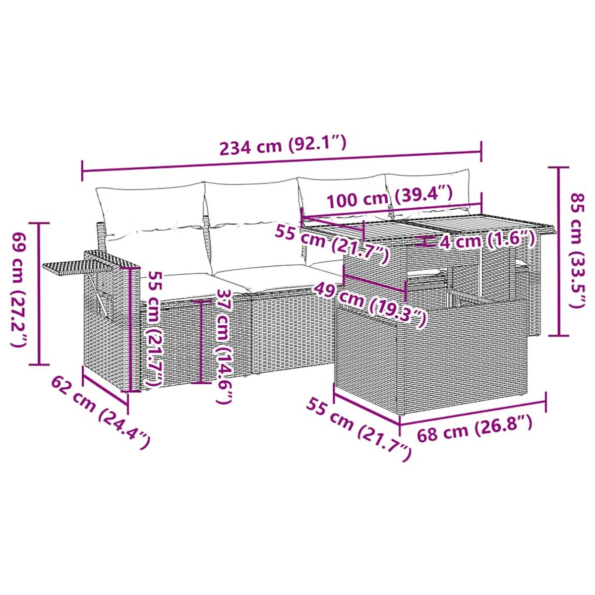 Diagramma che mostra le dimensioni di un set patio in vimini marrone con divano, tavolo e pouf. Misure mostrate.