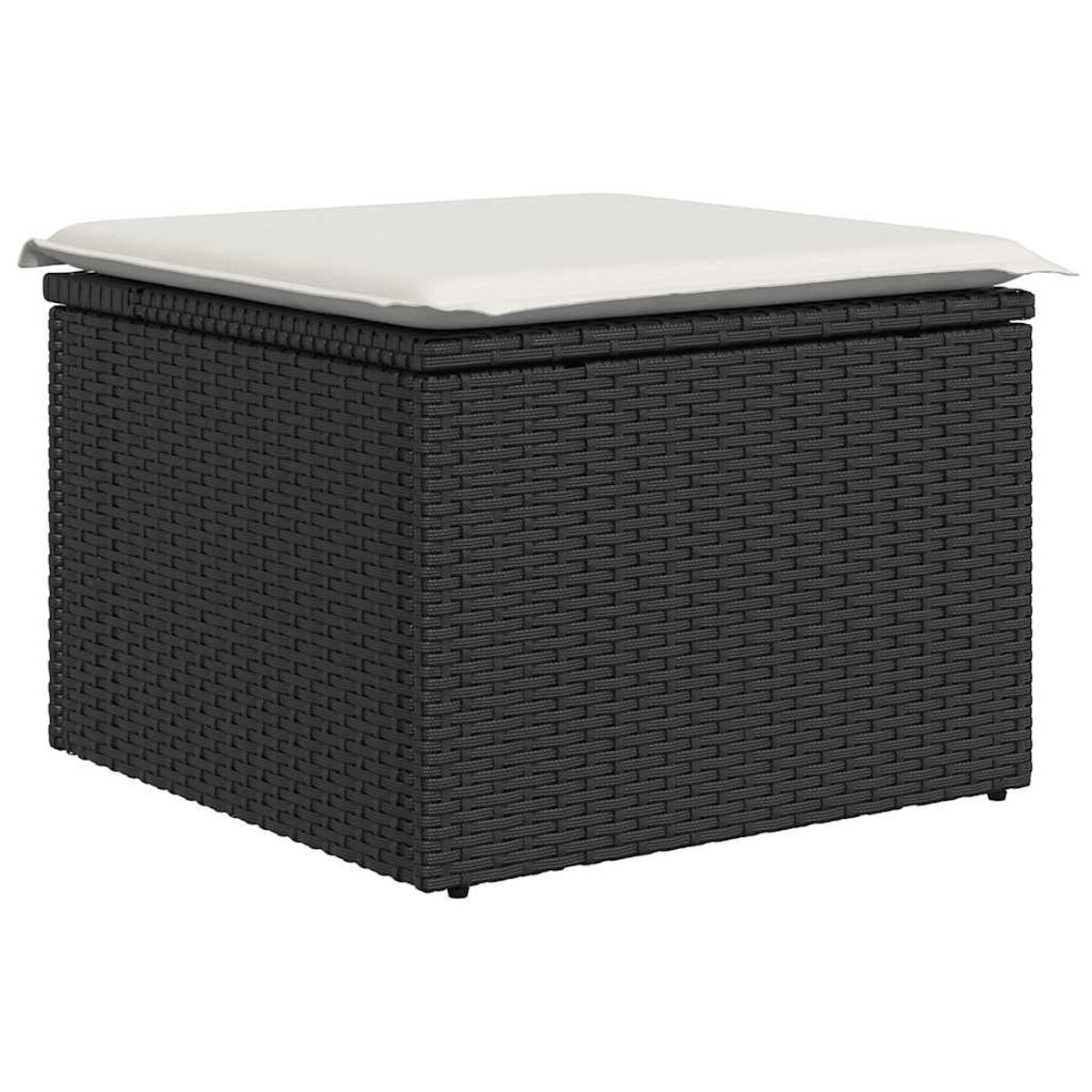 Schwarze Ottomane aus Korbgeflecht mit weißem Kissen. Dunkles Webmuster. Die Ottomane ist quadratisch.