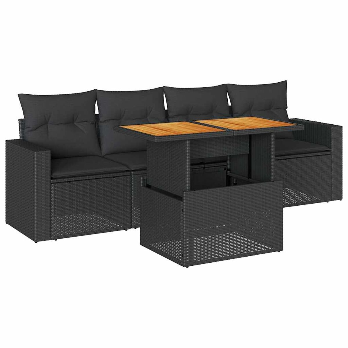 Set divano nero da esterno con cuscini e tavolo in legno.
