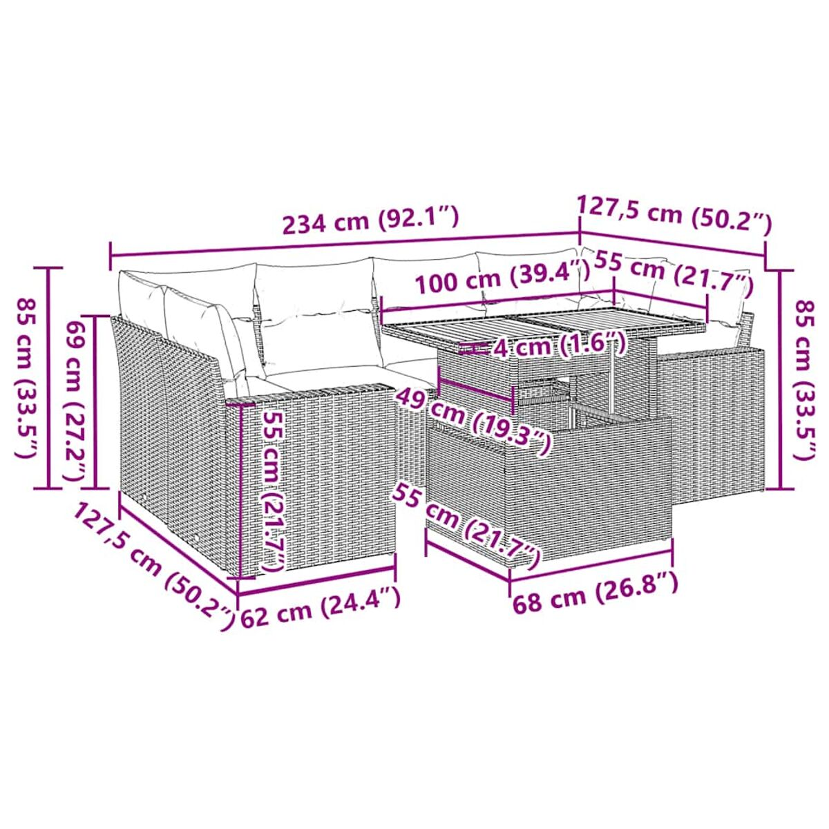 Set divano in rattan da esterno con misure. Include divano, tavolino e pouf, con dimensioni.