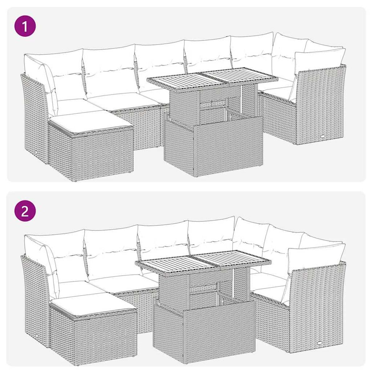 Zwei Diagramme eines Outdoor-Ecksofas. Eines zeigt das Sofa angeordnet, das andere die Komponenten.