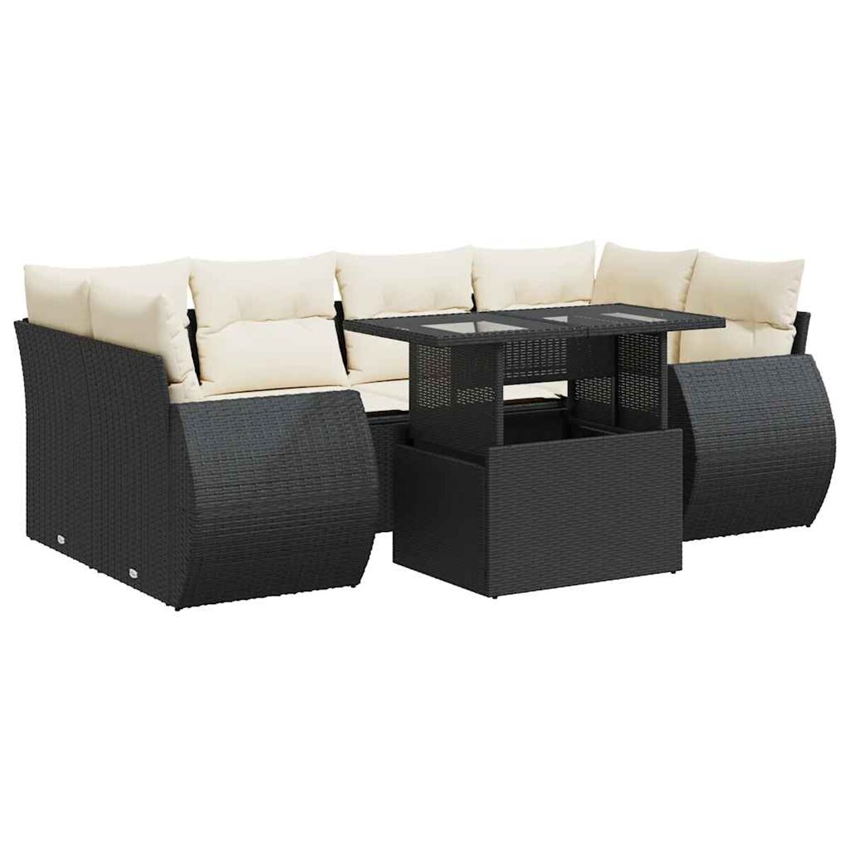 Divano componibile in vimini nero con cuscini color crema e tavolo con piano rialzabile nero.