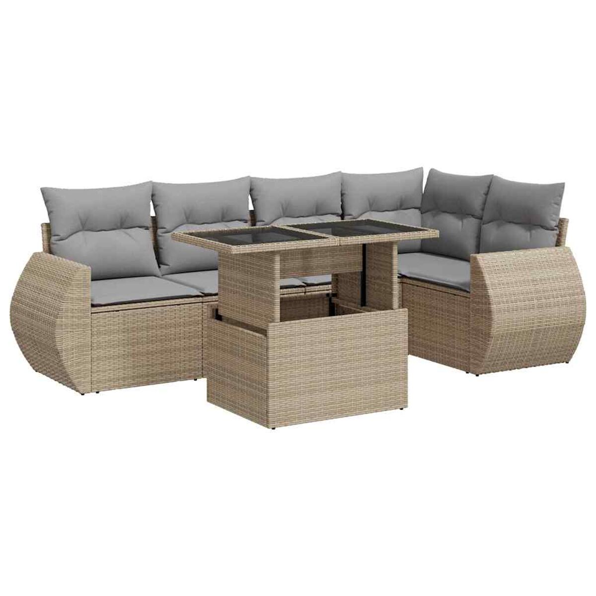 Divano angolare in vimini beige con cuscini grigi e tavolo, sfondo bianco.