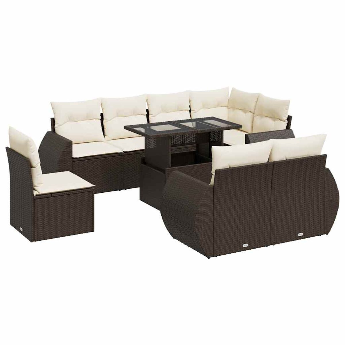Set divano da esterno con materiale intrecciato marrone, cuscini biancastri e un tavolo. Include una sedia.