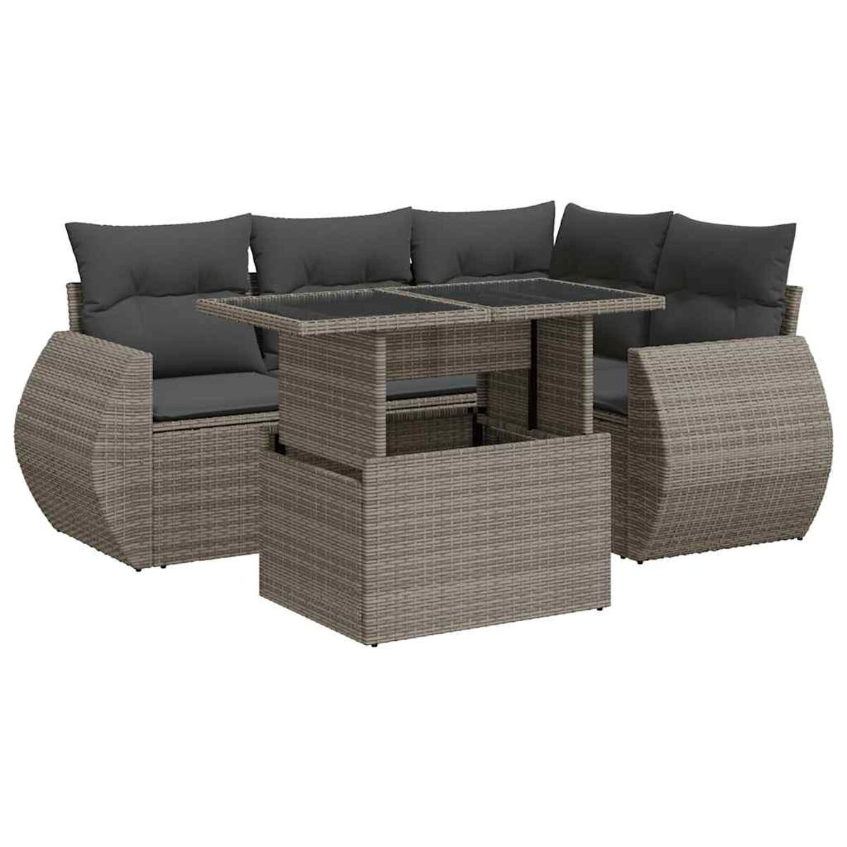 Un set divano in rattan grigio con un tavolo elevabile e cuscini grigi.