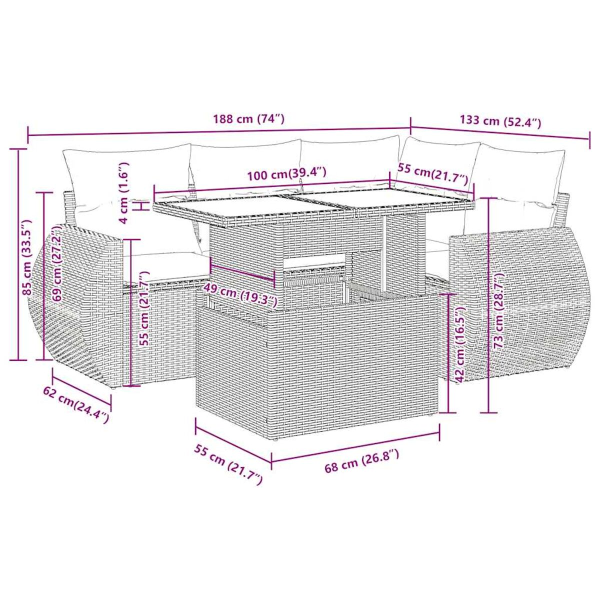 Un set da patio con dimensioni. Mobili tessuti, un tavolo e due divani. Cuscini bianchi e un tavolo.