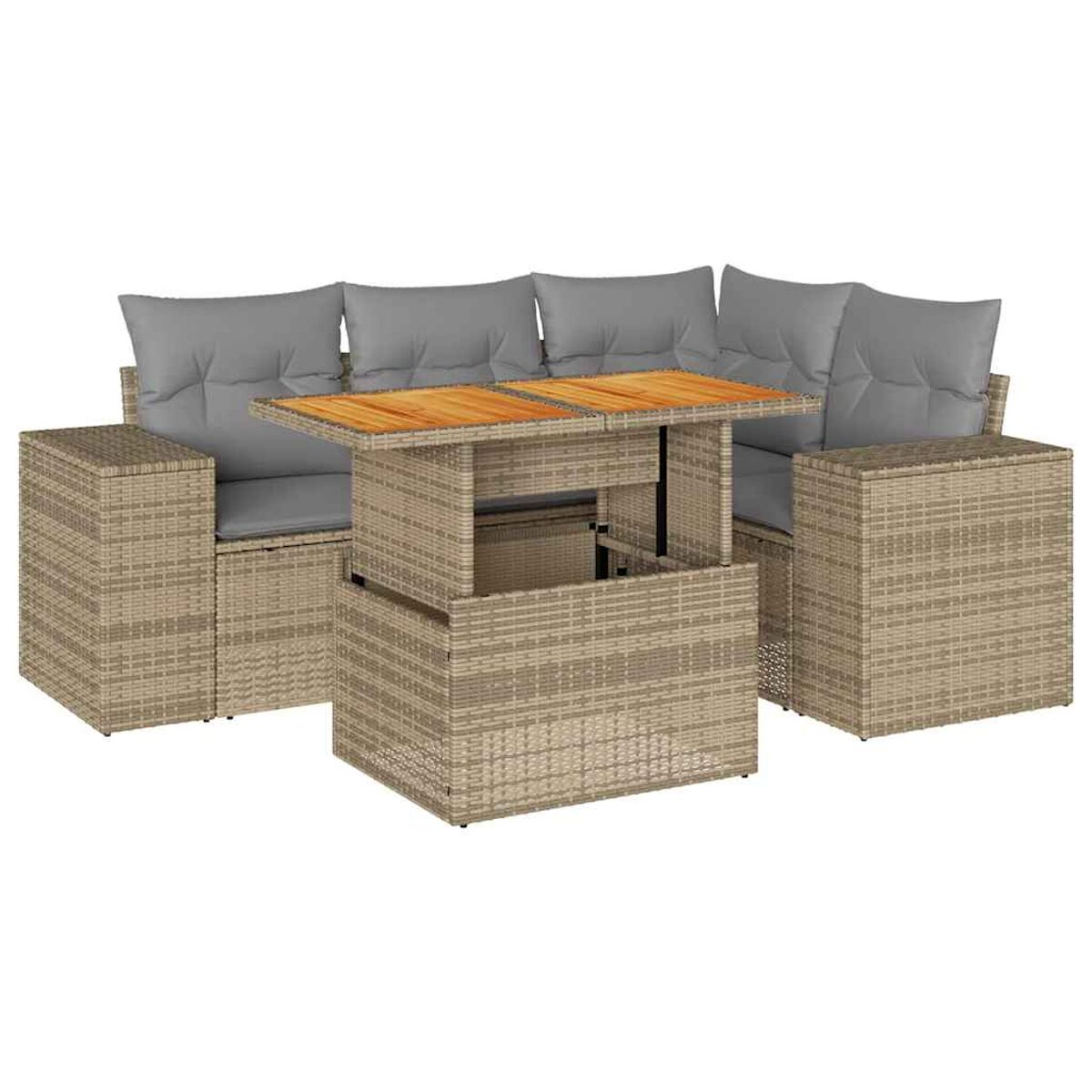 Divano componibile in vimini beige con cuscini grigi e tavolo in legno.