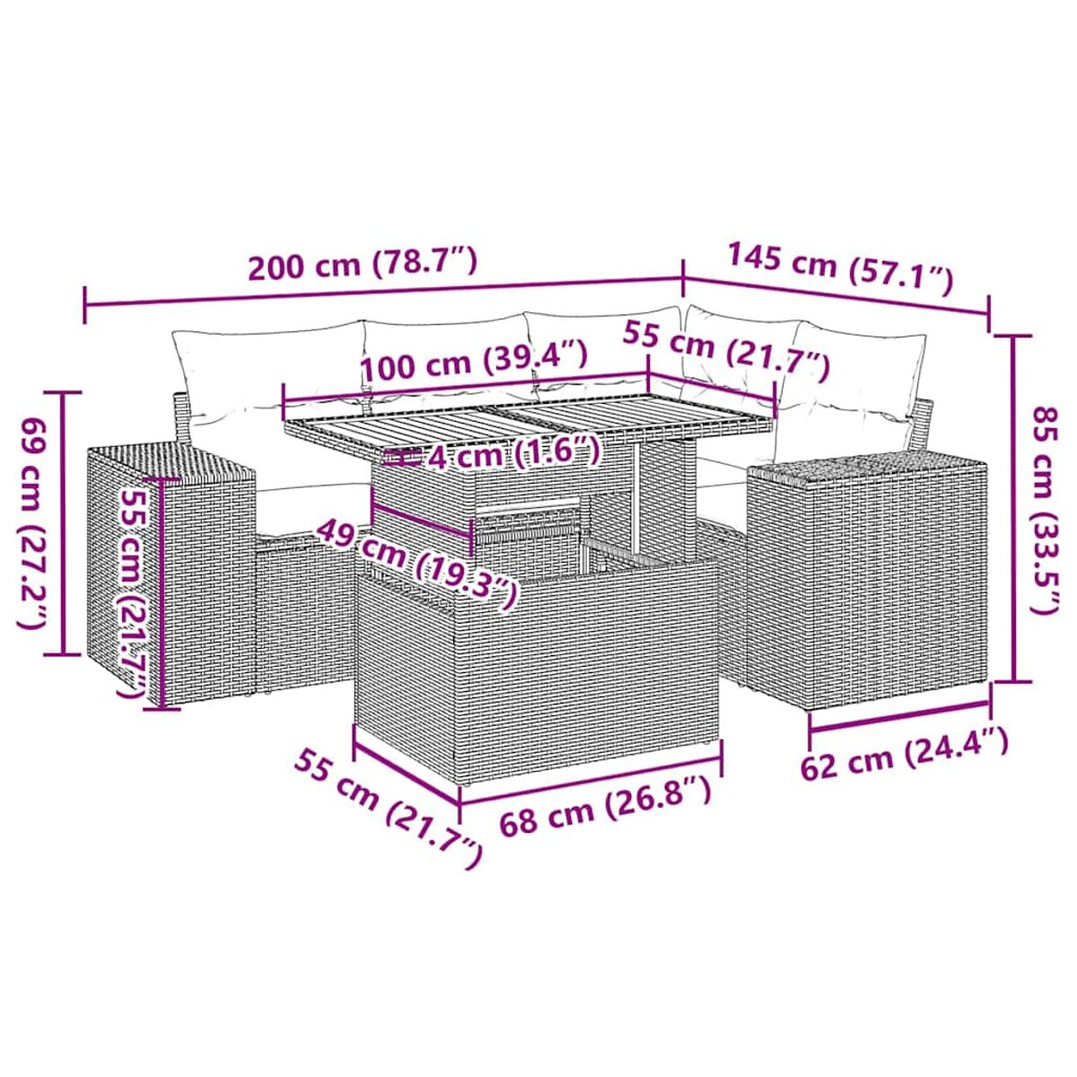 Set di mobili in rattan da esterno con dimensioni etichettate. Include divano, sedie e tavolo; sfondo bianco.