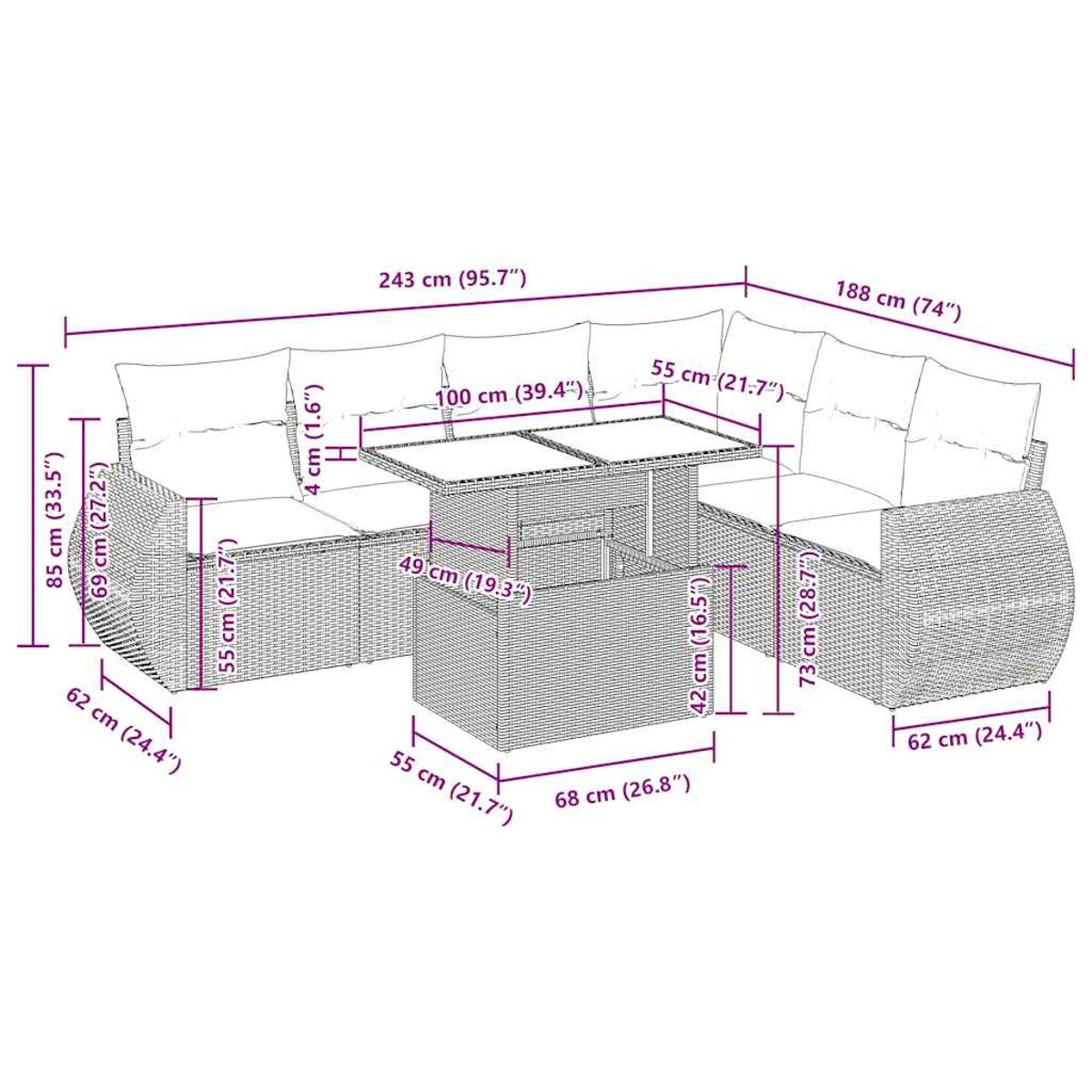 Diagramma di un set di divani da esterno con dimensioni in cm e pollici.