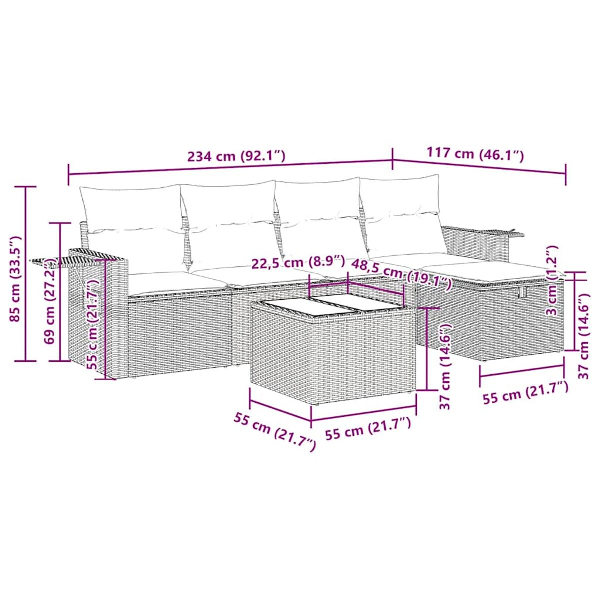 Un set da esterno in rattan bianco con tavolo, divano e pouf, con dimensioni.