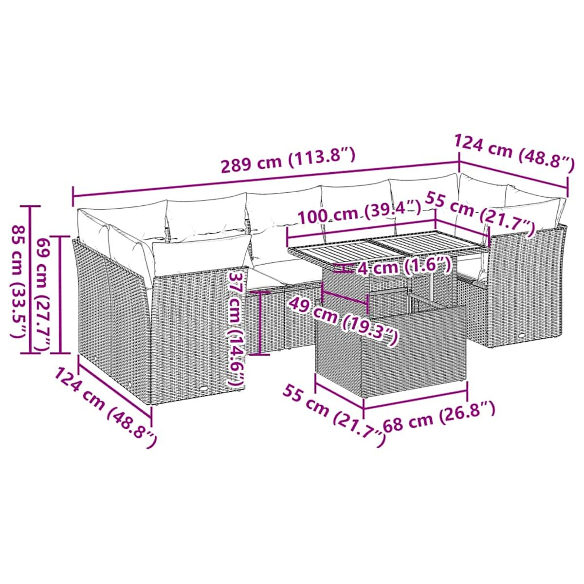 Diagramm eines Rattan-Außensofas mit Abmessungen, mit mehreren Sitzbereichen und einem Tisch.