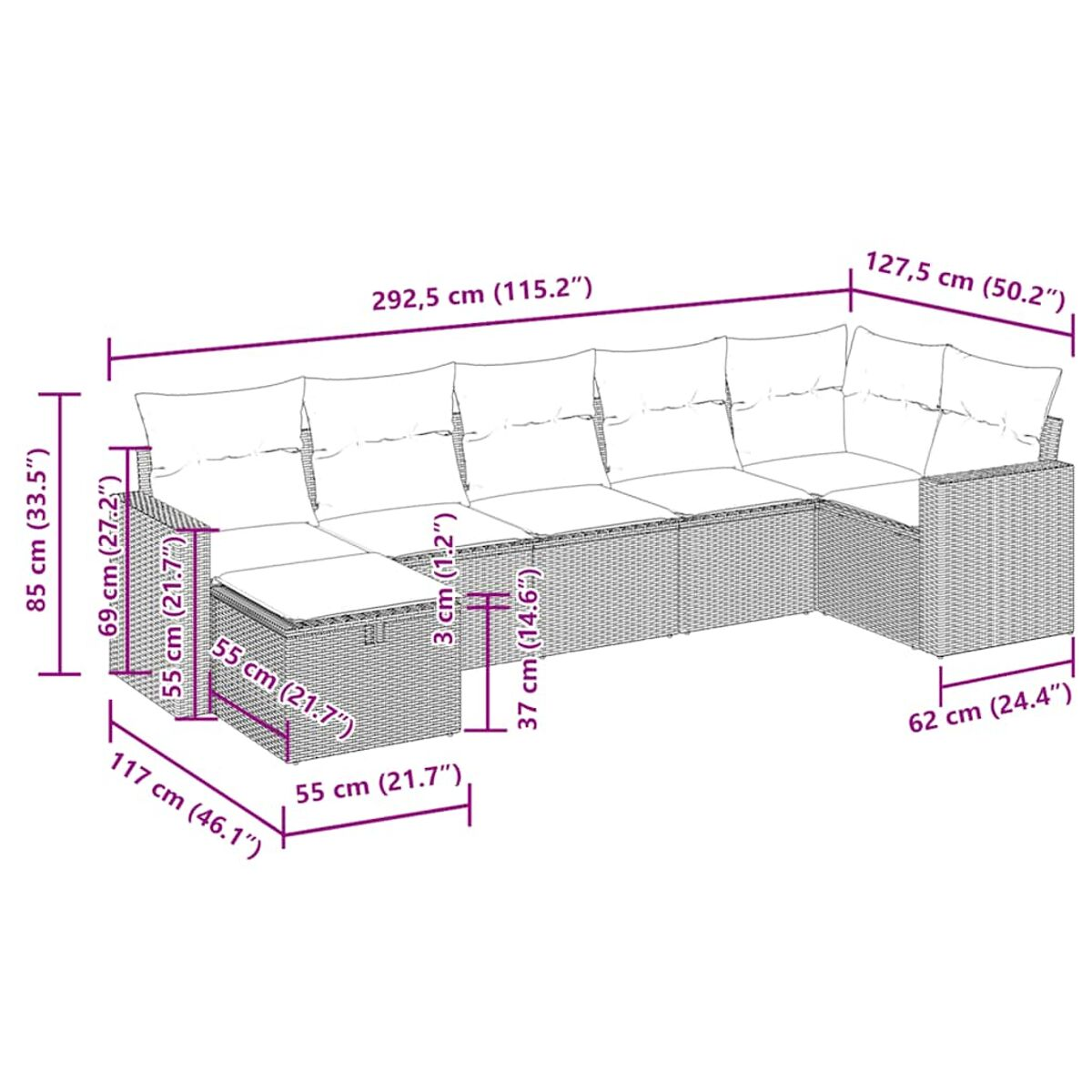 L-förmiges Outdoor-Sofa mit Kissen, Abmessungen in cm und Zoll angegeben.