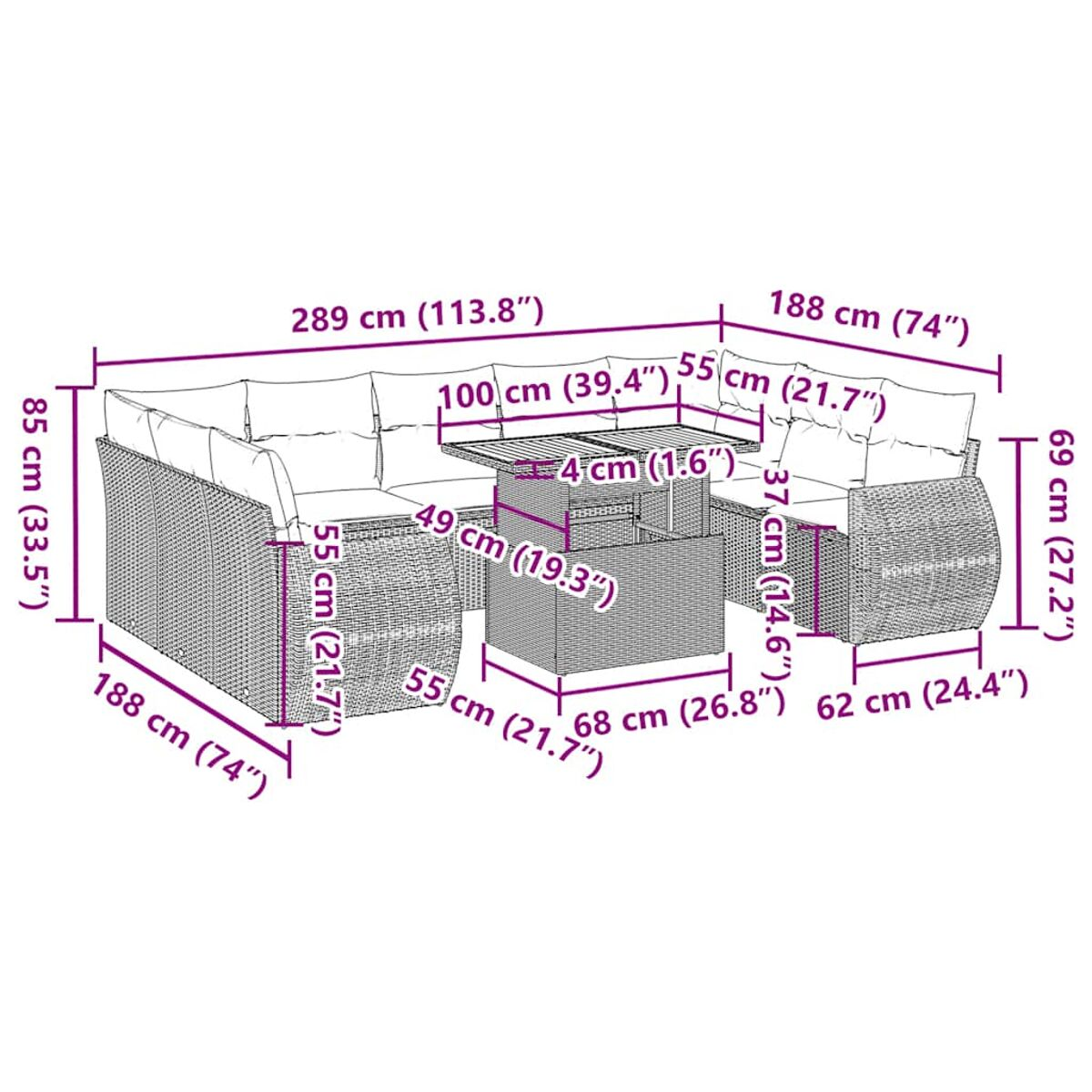 Set di sedute per esterni con divani e un tavolo con dimensioni in cm e pollici.