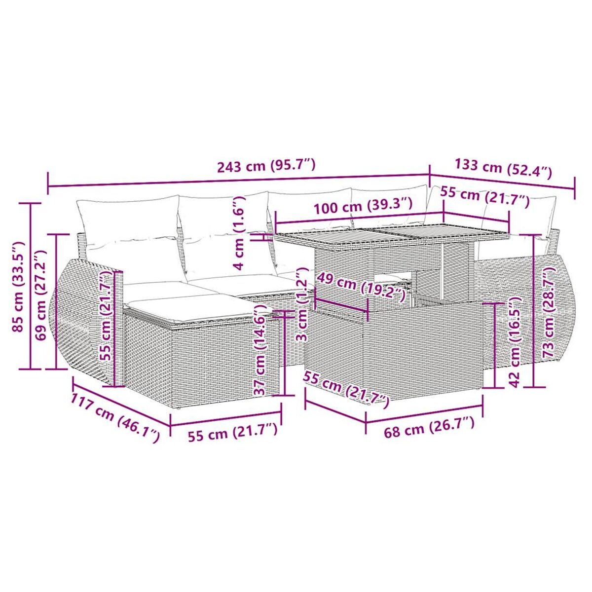 Outdoor-Ecksofa mit Tisch, Abmessungen in cm und Zoll.
