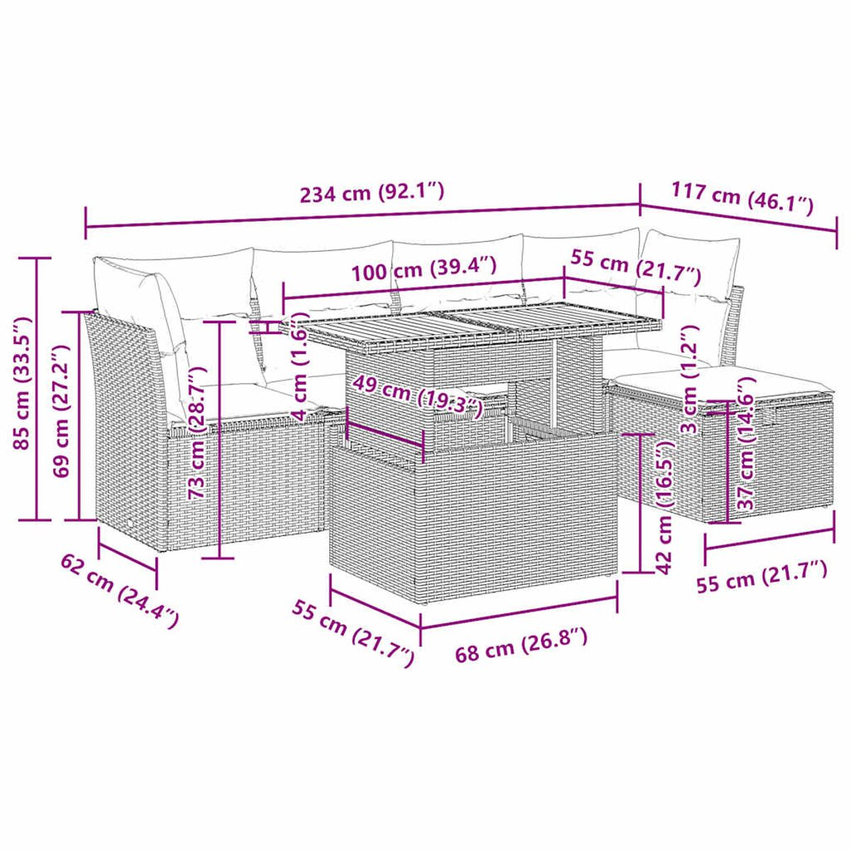 Set di mobili da esterno in rattan con dimensioni. Include divano, tavolo e pouf su sfondo bianco.