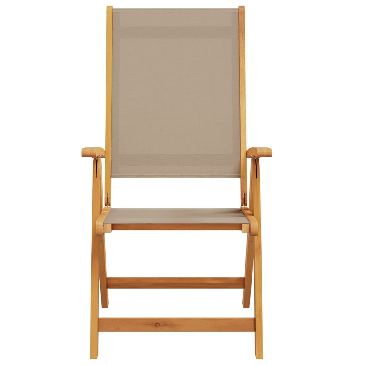 Sedia da esterno in legno con tessuto grigio. Vista frontale, braccioli visibili.