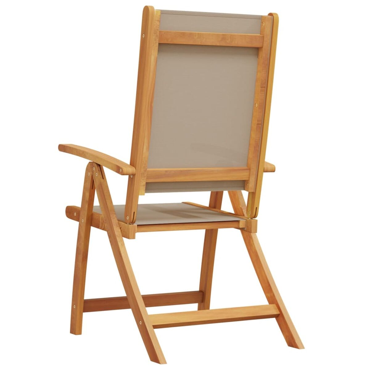Sedia da esterno in legno, struttura marrone chiaro, seduta e schienale in tessuto grigio. Schienale alto, sedia piegata.
