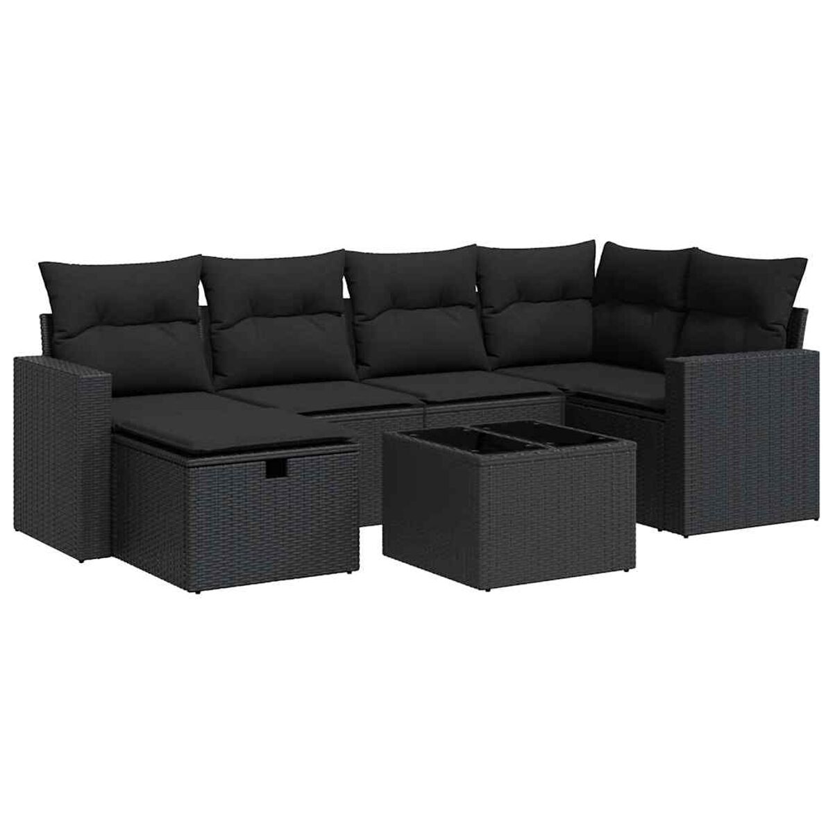 Set di mobili da giardino in rattan nero con cuscini neri. Include un divano angolare e un tavolo quadrato.