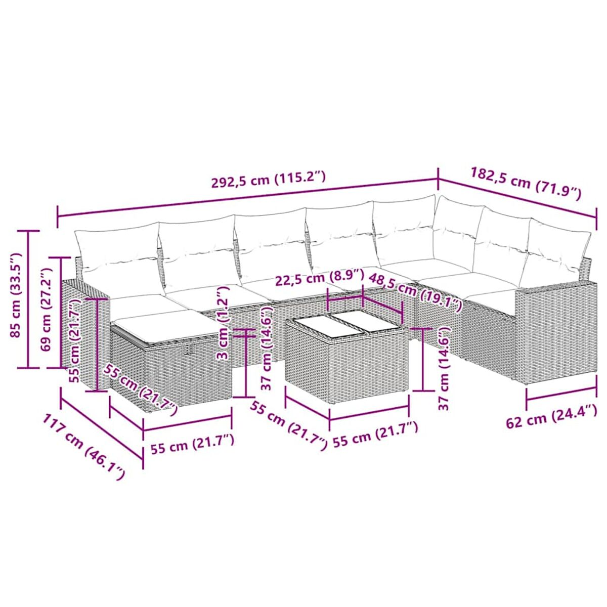 Outdoor-Ecksofa-Set mit Abmessungen. Möbel im Weidenstil. Enthält einen Tisch.