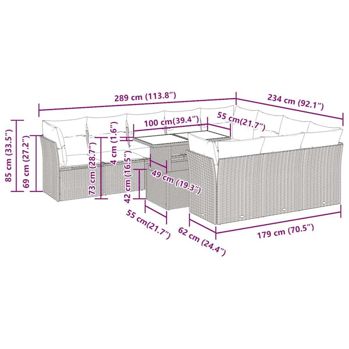 Set patio in vimini con dimensioni. Divani, tavolo e un pouf. Sfondo bianco.