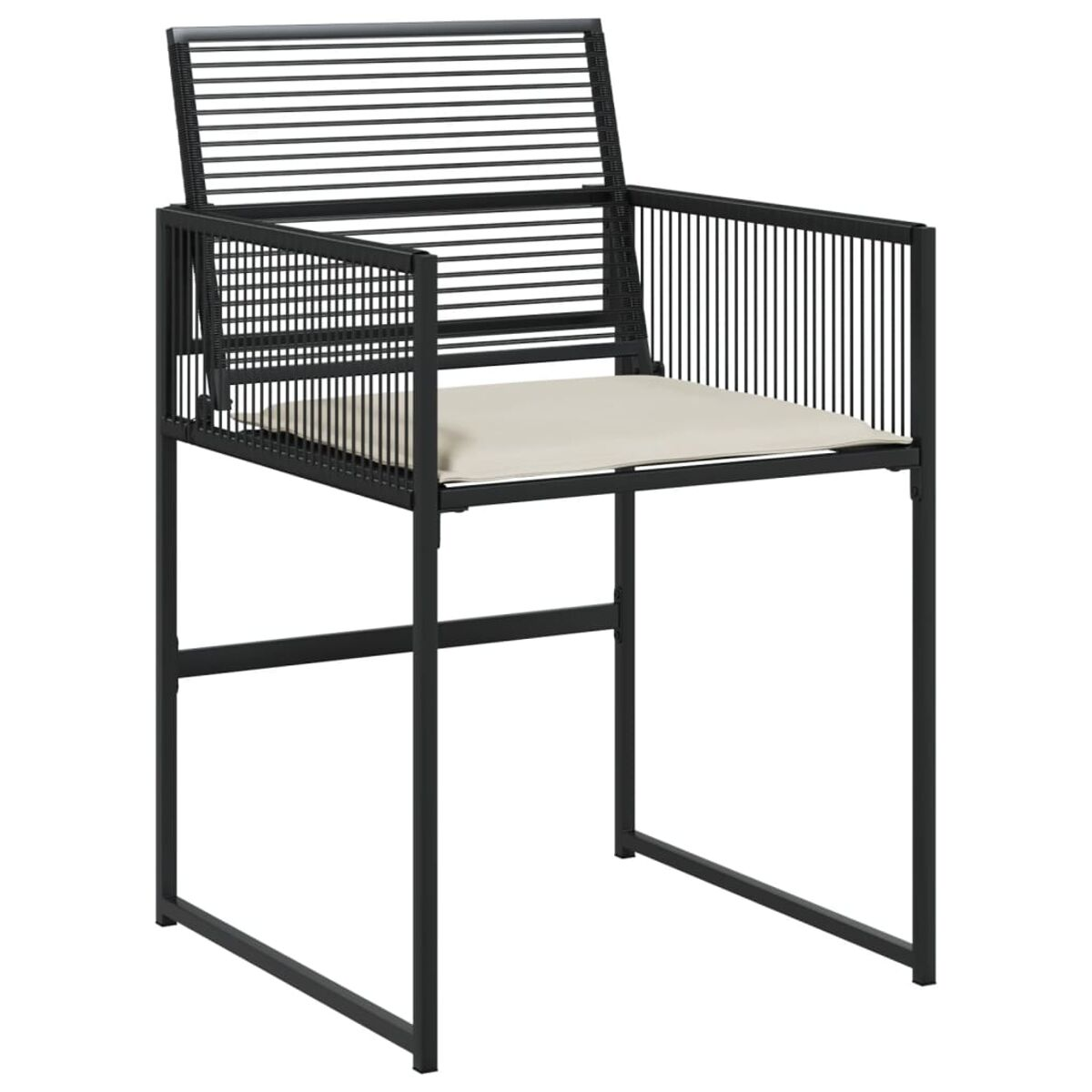 Schwarzer Metall-Outdoor-Stuhl mit gewebtem Sitz und Rücken und cremefarbenem Kissen.