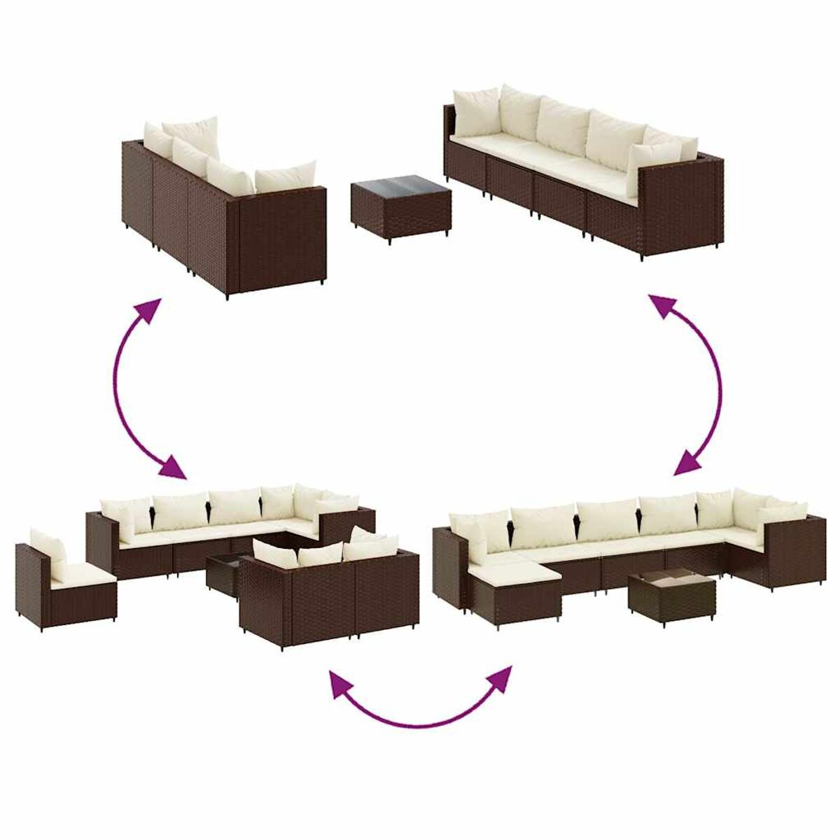 Diagramm eines modularen Rattansofa-Sets. Zeigt verschiedene mögliche Konfigurationen: L-Form, U-Form usw.