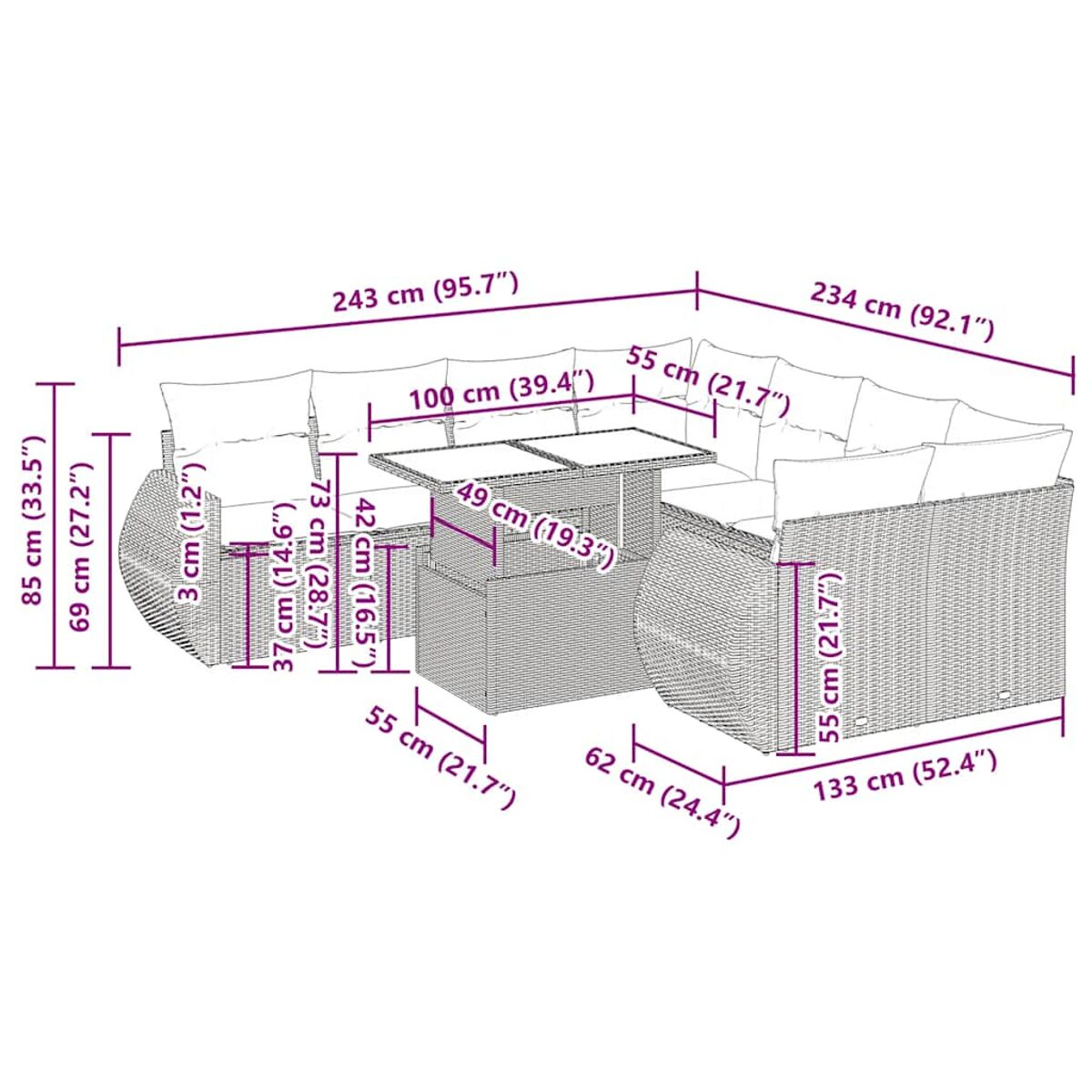 Geflochtenes Sofaset mit Abmessungen. Enthält ein Sofa, einen Tisch und einen Sitz.