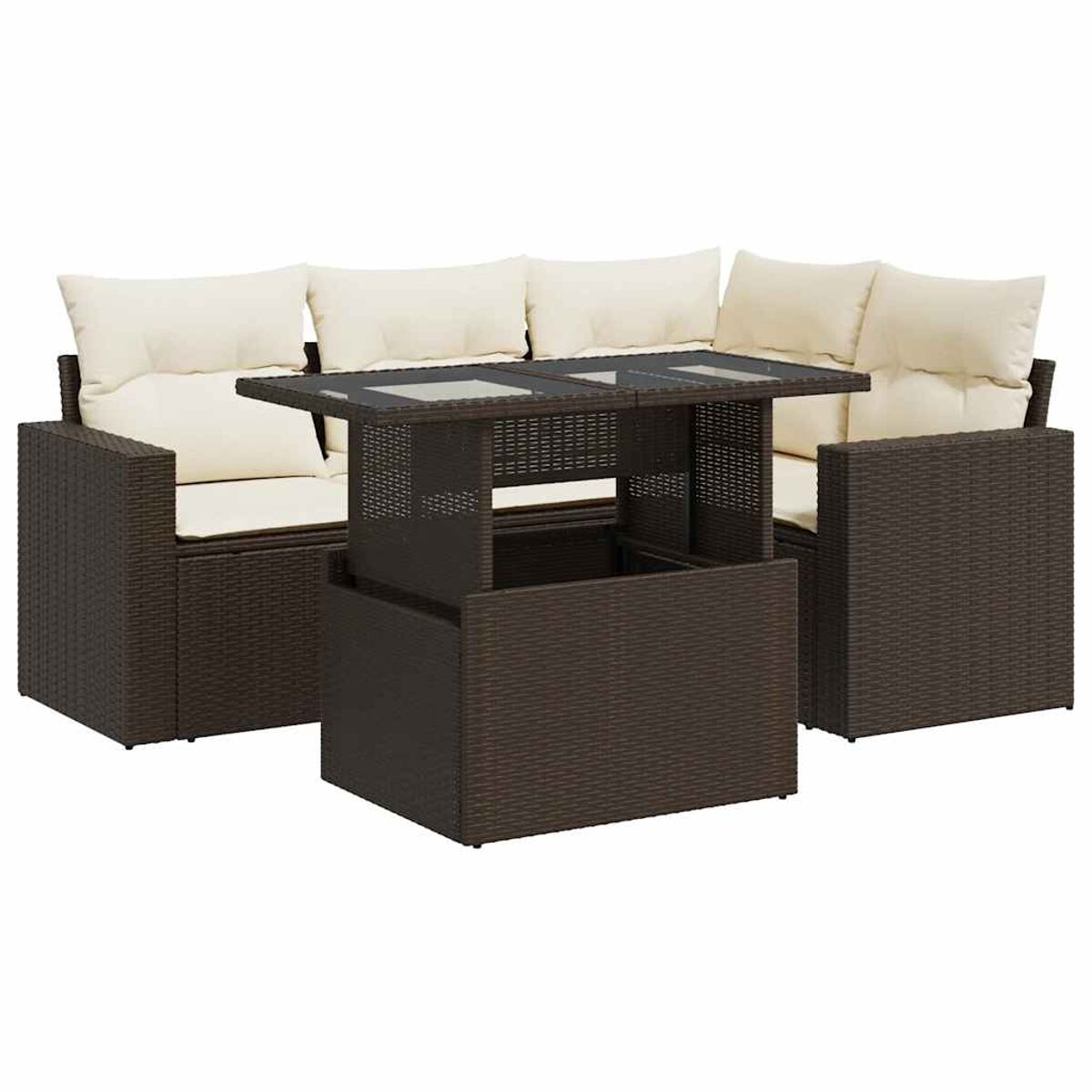 Divano angolare in rattan marrone con cuscini beige e tavolino.