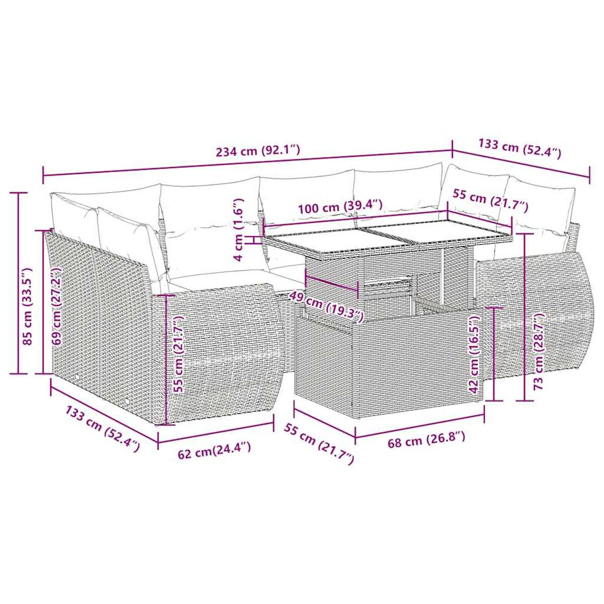 Set divano componibile da esterno in vimini con dimensioni. Include un tavolo e un pouf.
