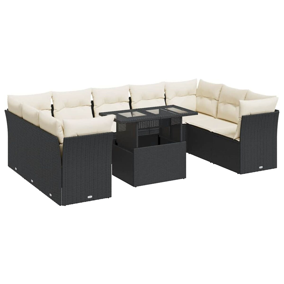 Divano componibile in vimini grigio scuro con cuscini color crema e tavolo con piano in vetro.