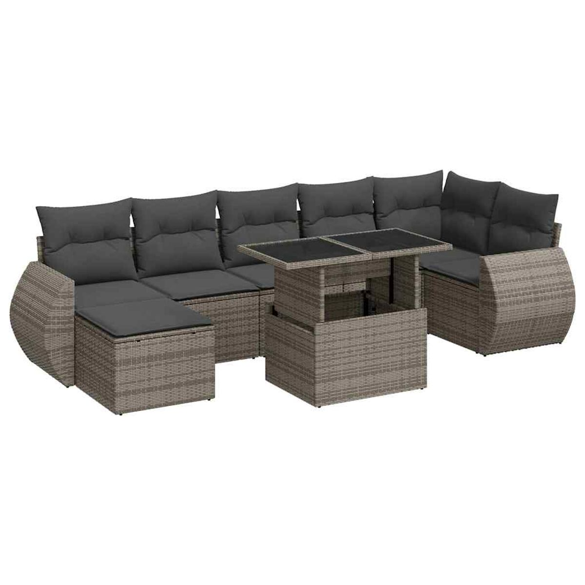 Divano componibile in rattan con tavolo elevabile. Cuscini grigi, tavolo con piano in vetro.