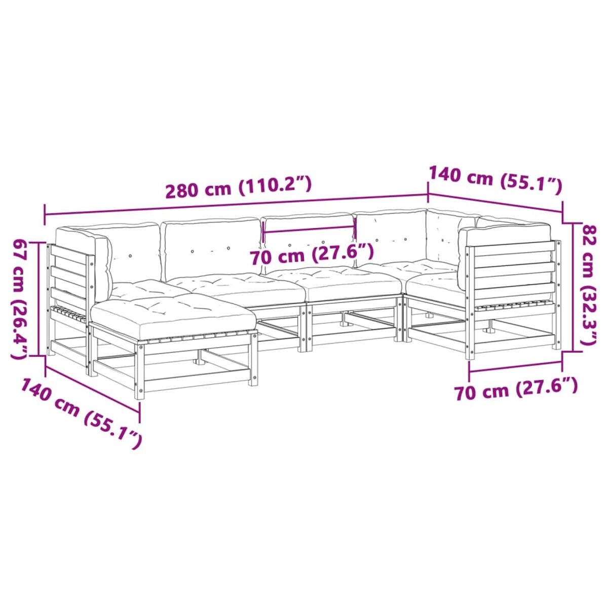 Großes Holzsofa mit Maßen. Heller Holzrahmen, weiße Kissen. Weißer Hintergrund.