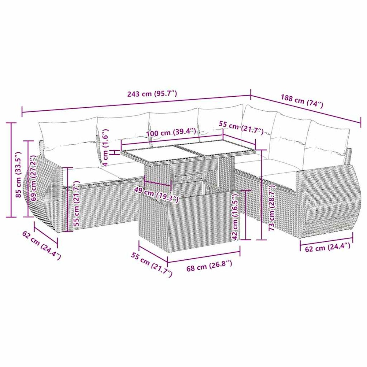 Diagramm eines Rattansofa-Sets mit Tisch und Maßen.