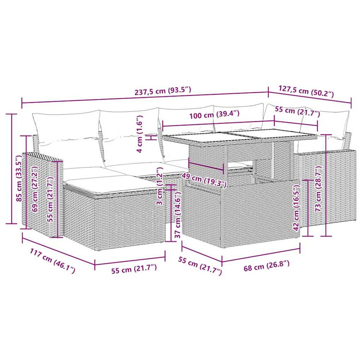 Un set da patio in rattan bianco con tavolo, divano e sedie, con dimensioni.