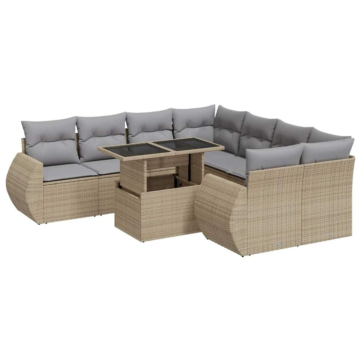Divano angolare in vimini beige con cuscini grigi e tavolino elevabile.