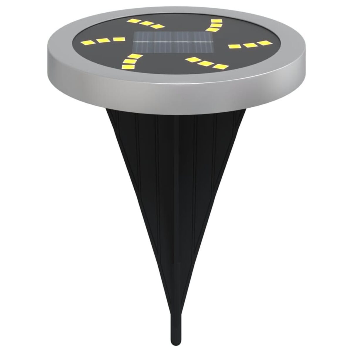 Silberne Solar-Gartenleuchte mit schwarzem Pfahl, isoliert auf weißem Hintergrund.