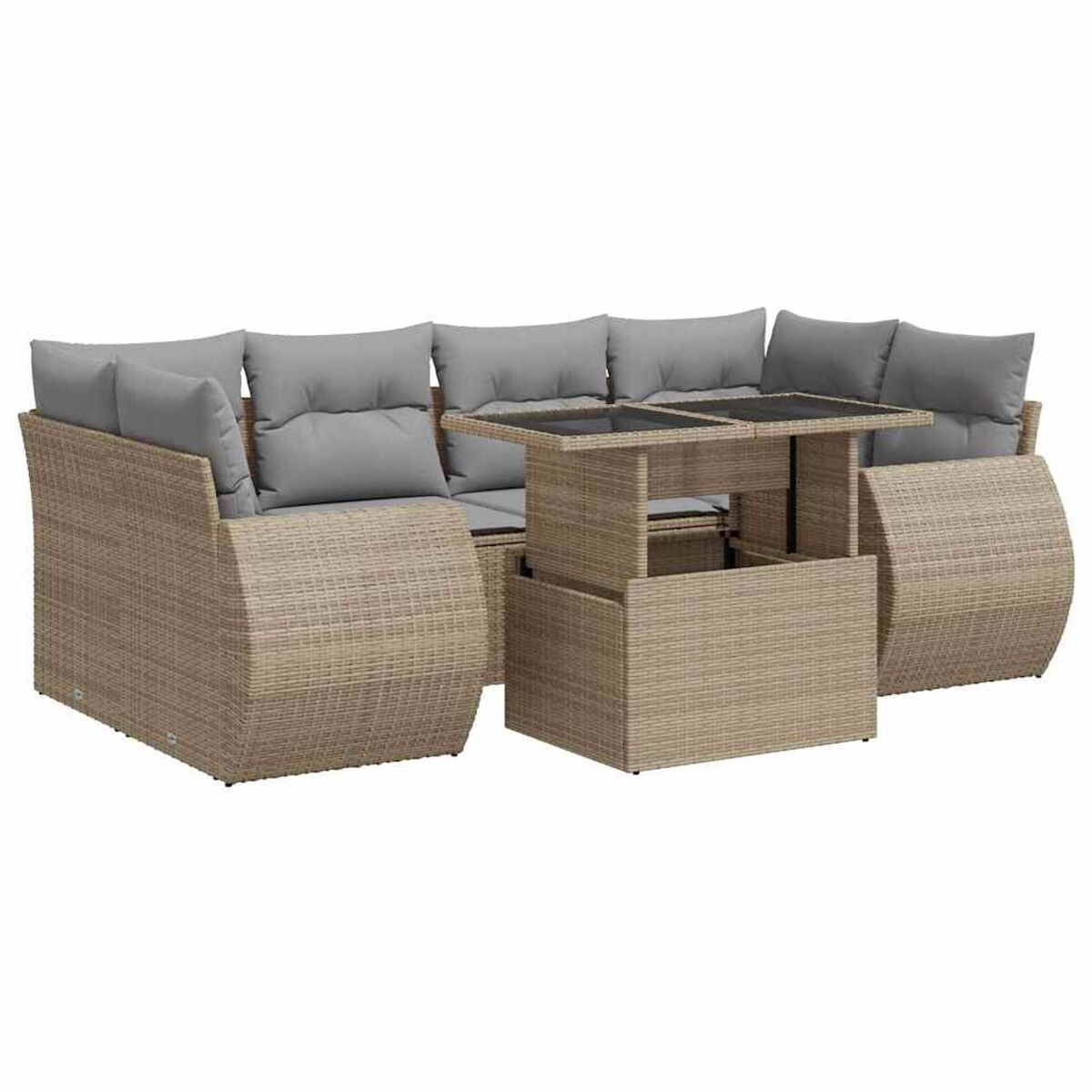 Set divano componibile in vimini beige con tavolo. Ha cuscini grigi. Sfondo bianco.